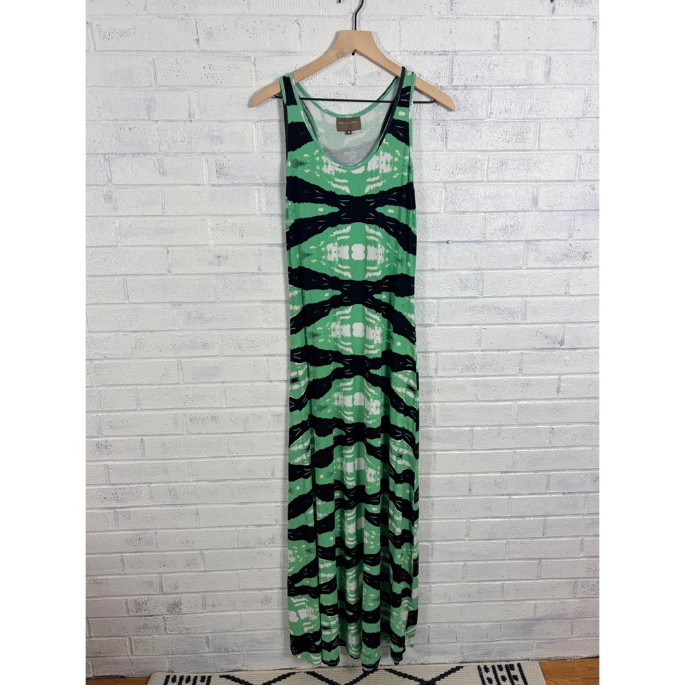 Bel Kazan Racerback Maxi Dress Womens M Green Black Abstract Sleeveless Stretch